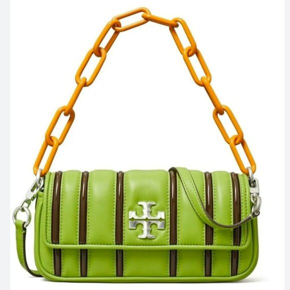 Tory Burch Kira Green Leather Shoulder Bag Stripe Chain Strap Silver Hardware - Picture 1 of 13